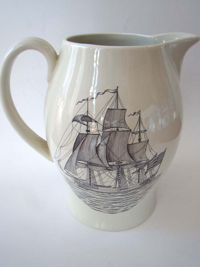 A black transferware Liverpool pitcher made for the Nantucket Historical Association by Mottahedeh